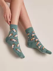 Хлопковые женские носки happy с рисунками "corgi" 388 серо-бирюзовый, , 36-39 (23-25), , - 2