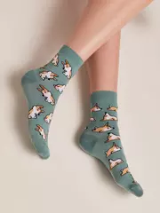 Хлопковые женские носки happy с рисунками "corgi" 388 серо-бирюзовый, , 36-39 (23-25), , - 3
