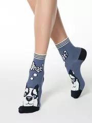 Хлопковые женские носки happy с пушистым рисунком "хаски" 425 темный джинс, , 36-39 (23-25), CONTE ELEGANT, - 1