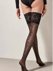 Чулки с ажурной резинкой и цветочным рисунком glamor nero, , 27-29 (3/4), CONTE ELEGANT, - 3