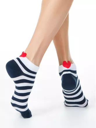 Короткие женские хлопковые носки с пикотом-«сердечком» в полоску 223 белый-темно-синий, , 36-37 (23), CONTE ELEGANT, - 1