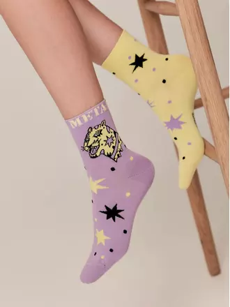 Хлопковые женские носки с рисунками happy "glam metal" 386 желтый-сиреневый, , 36-39 (23-25), CONTE ELEGANT, - 1