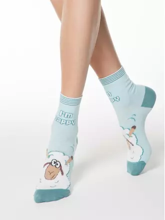 Хлопковые женские носки happy с пушистым рисунком "барашек" 423 бледно-бирюзовый, , 36-39 (23-25), CONTE ELEGANT, - 1