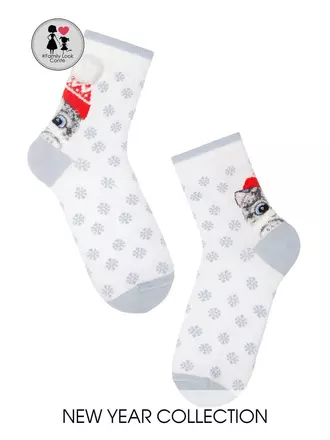 Новогодние детские носки "котенок" с пушистой нитью, люрексом, стразами и помпоном 382 белый, , 20-22, CONTE-KIDS, - 1