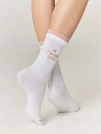 Удлиненные женские носки из хлопка в рубчик с надписью «іскра» 437 белый, , 36-37 (23), CONTE ELEGANT, - 1