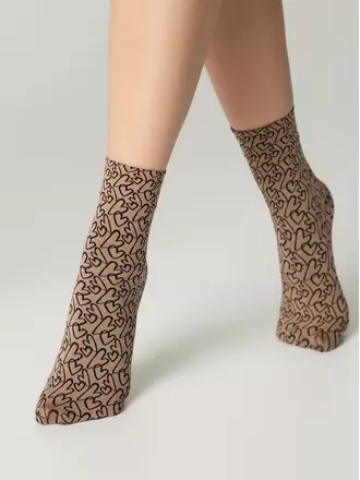 Плотные женские носки с вывязанным рисунком «сердечки» fantasy nero-natural, , 36-39 (23-25), CONTE ELEGANT, - 1