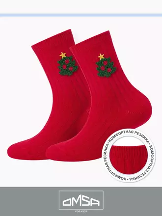 Детские теплые высокие носки с шерстью (новый год) omsa kids calzino 21n64 rosso, , 23-26 (14-16), OMSA, - 1