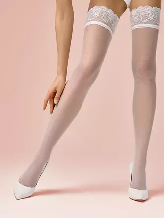Ажурные чулки женские с кружевом omsa style 40 bianco, , 2, OMSA, - 1