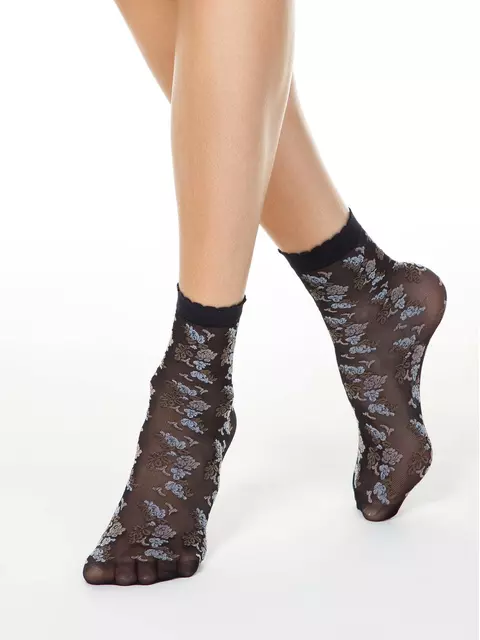 Женские тонкие носки fantasy с имитацией цветочной вышивки brown-nero, 19С-113СП, 36-39 (23-25), CONTE ELEGANT,  - 1