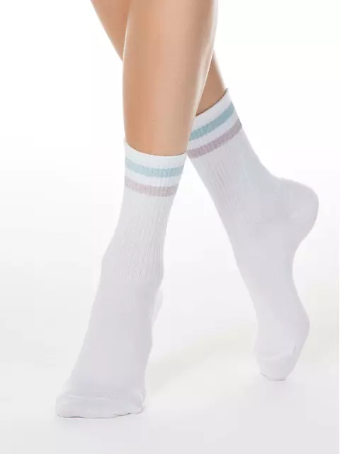 Женские хлопковые носки с яркими полосками из люрекса 157 белый-светло-розовый, 19С-65СП, 36-37 (23), CONTE ELEGANT,  - 1