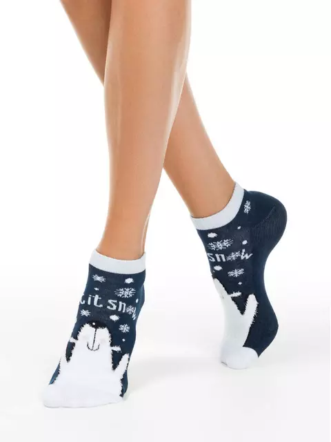 Короткие новогодние женские носки с махровой стопой и рисунком со стразами и люрексом «let it snow» 520 темно-синий, , 36-39 (23-25), CONTE ELEGANT, - 1