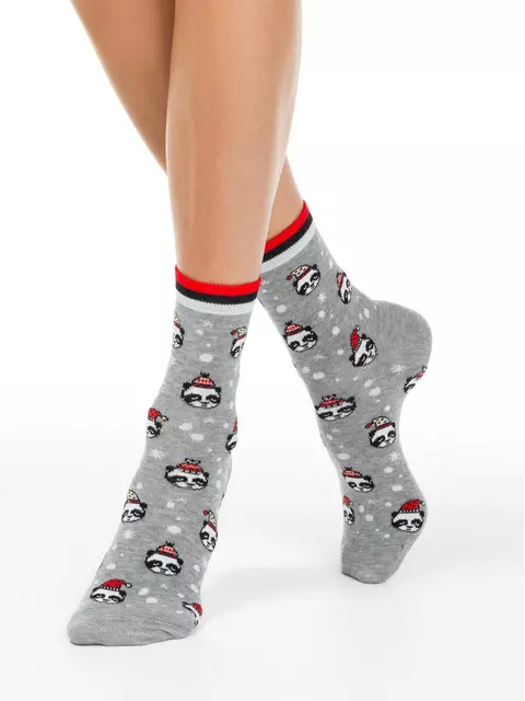 Новогодние женские носки с люрексом «xmas panda» 518 серый, 20С-34СП, 36-39 (23-25), CONTE ELEGANT,  - 1