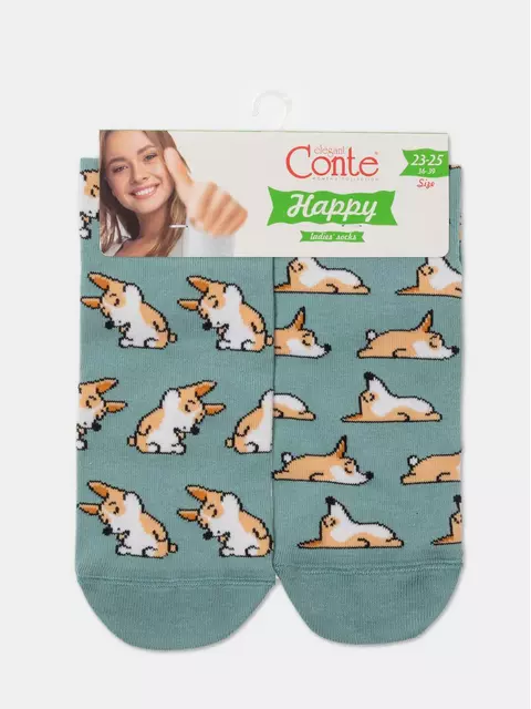 Хлопковые женские носки happy с рисунками "corgi" 388 серо-бирюзовый, 17С-21СП, 36-39 (23-25), ,  - 6