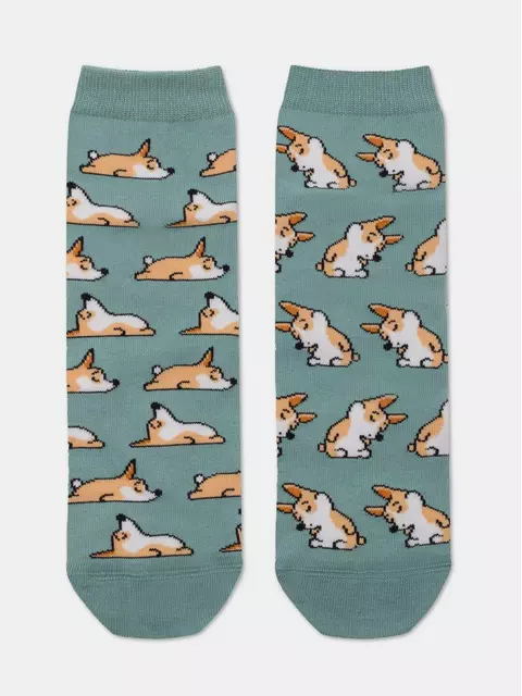 Хлопковые женские носки happy с рисунками "corgi" 388 серо-бирюзовый, 17С-21СП, 36-39 (23-25), ,  - 4