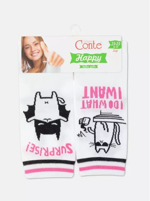 Хлопковые женские носки happy c рисунками "cat & surprise" 357 белый, 18С-227СП, 36-39 (23-25), CONTE ELEGANT,  - 5