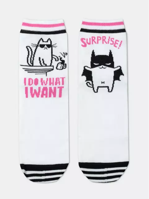 Хлопковые женские носки happy c рисунками "cat & surprise" 357 белый, 18С-227СП, 36-39 (23-25), CONTE ELEGANT,  - 3