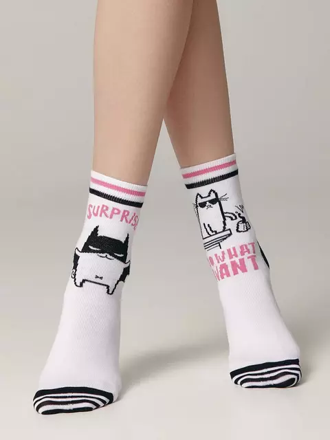 Хлопковые женские носки happy c рисунками "cat & surprise" 357 белый, 18С-227СП, 36-39 (23-25), CONTE ELEGANT,  - 1