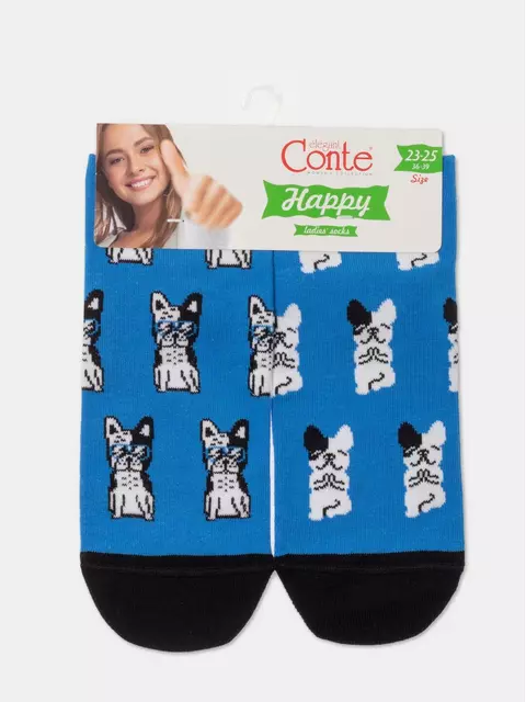 Хлопковые женские носки happy с рисунком «french bulldog» 389 синий, 18С-227СП, 36-39 (23-25), ,  - 5