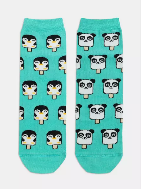 Хлопковые женские носки happy c рисунками "panda & penguin" 372 бирюза, 18С-227СП, 36-39 (23-25), CONTE ELEGANT,  - 3