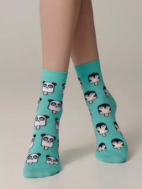 Хлопковые женские носки happy c рисунками "panda & penguin" 372 бирюза, 18С-227СП, 36-39 (23-25), CONTE ELEGANT,  - 1