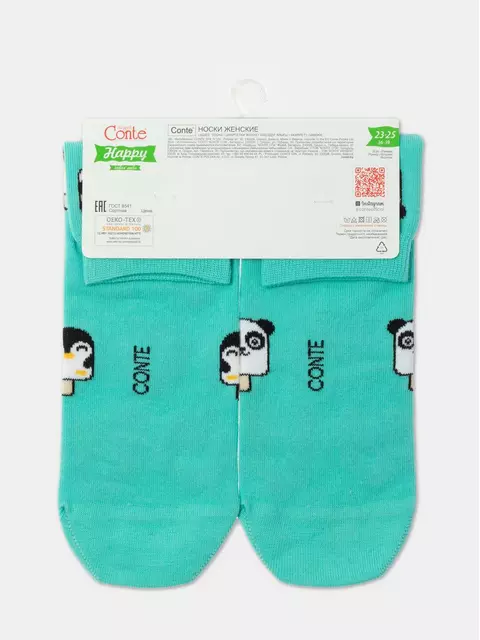 Хлопковые женские носки happy c рисунками "panda & penguin" 372 бирюза, 18С-227СП, 36-39 (23-25), CONTE ELEGANT,  - 6