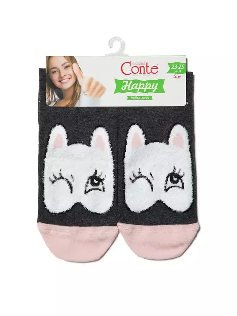 Хлопковые женские носки happy с пушистым рисунком "котик" 422 темно-серый, 18С-268СП, 36-39 (23-25), CONTE ELEGANT,  - 3