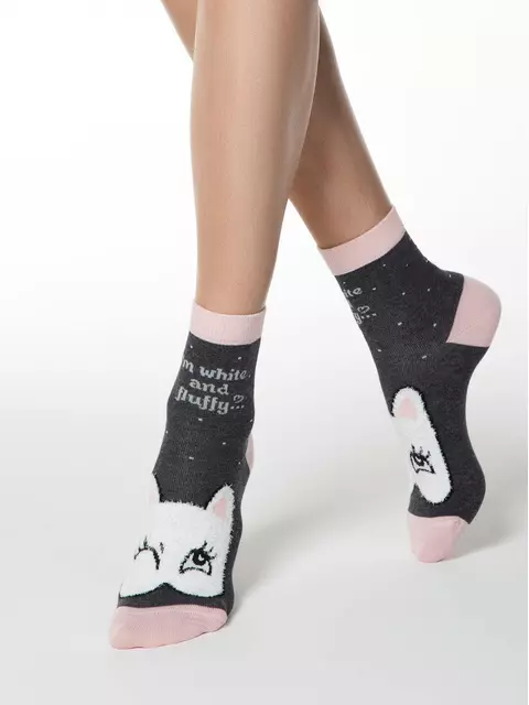 Хлопковые женские носки happy с пушистым рисунком "котик" 422 темно-серый, 18С-268СП, 36-39 (23-25), CONTE ELEGANT,  - 1