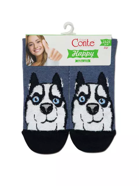 Хлопковые женские носки happy с пушистым рисунком "хаски" 425 темный джинс, 18С-268СП, 36-39 (23-25), CONTE ELEGANT,  - 3