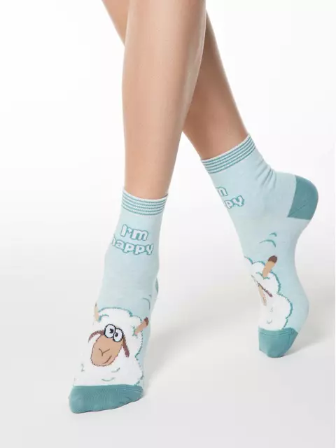 Хлопковые женские носки happy с пушистым рисунком "барашек" 423 бледно-бирюзовый, 18С-268СП, 36-39 (23-25), CONTE ELEGANT,  - 1