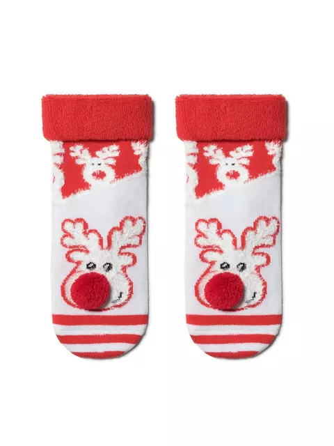 Детские новогодние носки "рудольф" с махровой стопой и отворотом 444 белый-красный, , 13-14, CONTE-KIDS, - 1