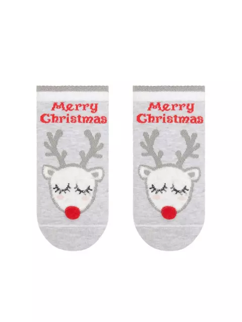 Новогодние короткие детские носки "рудольф" с люрексом, стразами и помпоном 384 светло-серый, , 13-14, CONTE-KIDS, - 1