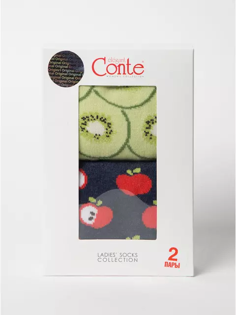 Хлопковые женские носки с рисунком «фрукты» в фирменной коробке (2 пары) 716 салатовый-темно-синий, 17С-66СП, 36-37 (23), CONTE ELEGANT,  - 1