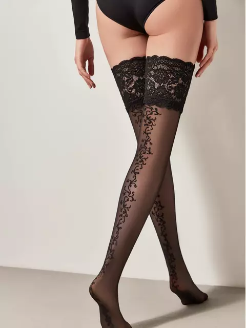 Чулки с ажурной резинкой и цветочным рисунком glamor nero, 22С-140СП, 27-29 (3/4), CONTE ELEGANT,  - 3