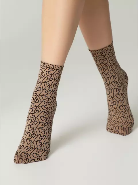 Плотные женские носки с вывязанным рисунком «сердечки» fantasy nero-natural, 23С-84СП, 36-39 (23-25), CONTE ELEGANT,  - 1