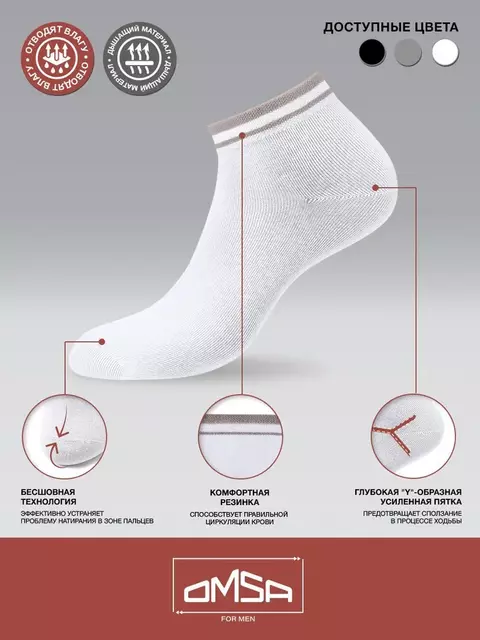 Укороченные мужские носки omsa active 105 bianco, , 36-38 (23-25), OMSA, - 3