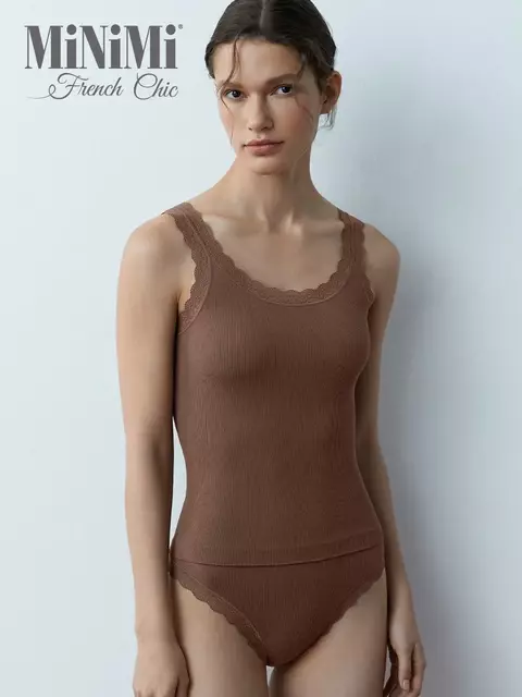 Майка в рубчик на широких бретелях minimi 1321s french chic cappuccino, , 46/48 (M/L), MINIMI, - 5