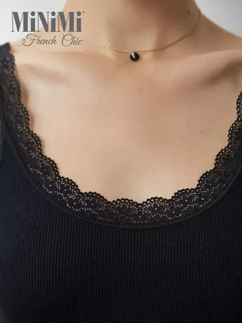Майка в рубчик на широких бретелях minimi 1321s french chic nero, , 42/44 (XS/S), MINIMI, - 4