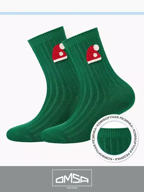 Детские теплые высокие носки с шерстью (новый год) omsa kids calzino 21n64 verde, , 23-26 (14-16), OMSA, - 1