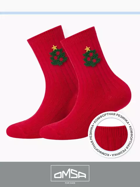 Детские теплые высокие носки с шерстью (новый год) omsa kids calzino 21n64 rosso, , 23-26 (14-16), OMSA, - 1