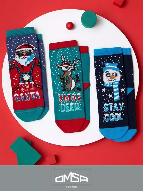 Носки детские с новогодним рисунком (снеговик) omsa kids calzino 21n65 blu, , 23-26 (14-16), OMSA, - 3