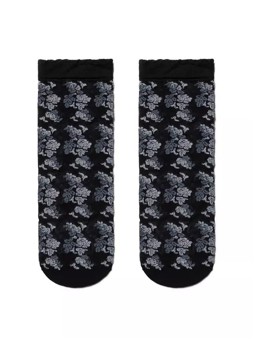 Женские тонкие носки fantasy с имитацией цветочной вышивки blue-nero, , 36-39 (23-25), CONTE ELEGANT, - 2