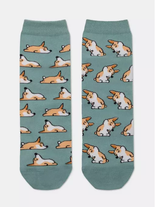 Хлопковые женские носки happy с рисунками "corgi" 388 серо-бирюзовый, 17С-21СП, 36-39 (23-25), ,  - 4