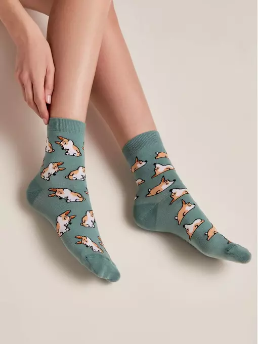 Хлопковые женские носки happy с рисунками "corgi" 388 серо-бирюзовый, 17С-21СП, 36-39 (23-25), ,  - 2