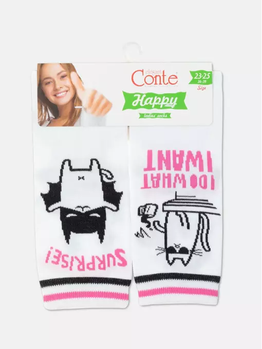 Хлопковые женские носки happy c рисунками "cat & surprise" 357 белый, 18С-227СП, 36-39 (23-25), CONTE ELEGANT,  - 5