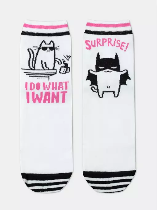 Хлопковые женские носки happy c рисунками "cat & surprise" 357 белый, 18С-227СП, 36-39 (23-25), CONTE ELEGANT,  - 3