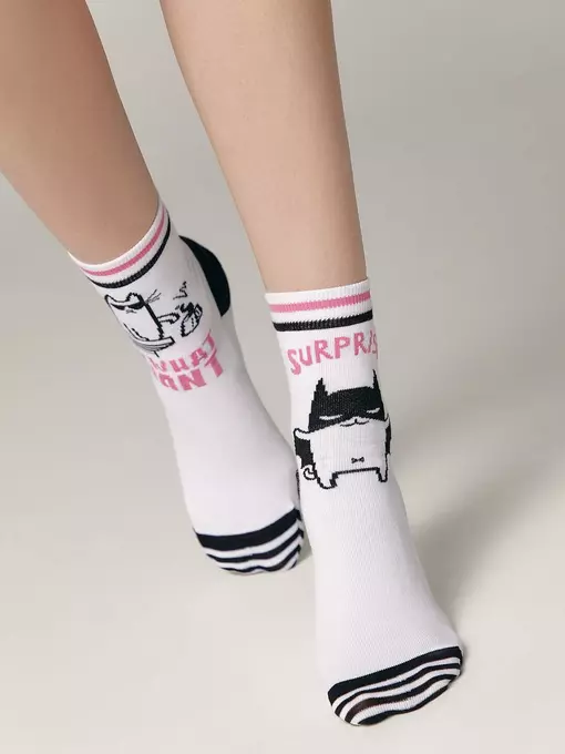 Хлопковые женские носки happy c рисунками "cat & surprise" 357 белый, 18С-227СП, 36-39 (23-25), CONTE ELEGANT,  - 2
