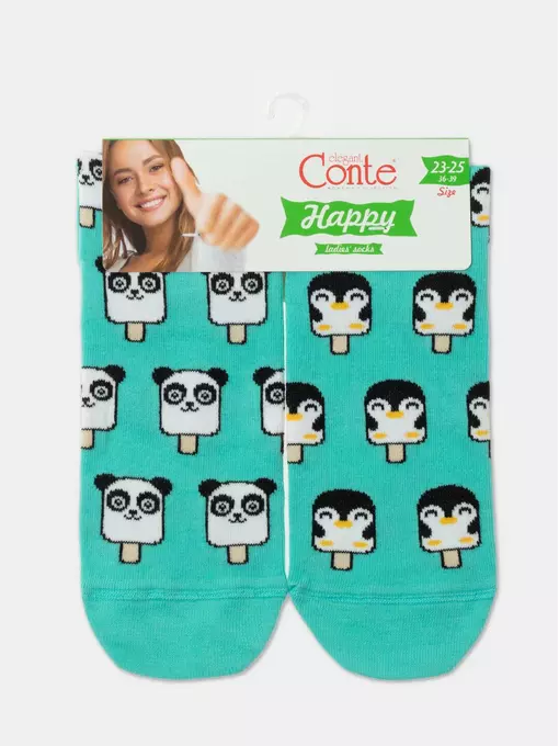 Хлопковые женские носки happy c рисунками "panda & penguin" 372 бирюза, 18С-227СП, 36-39 (23-25), CONTE ELEGANT,  - 5