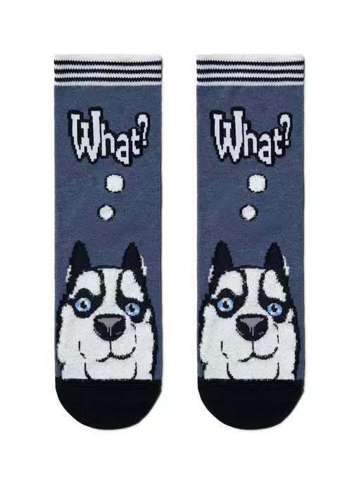 Хлопковые женские носки happy с пушистым рисунком "хаски" 425 темный джинс, 18С-268СП, 36-39 (23-25), CONTE ELEGANT,  - 2