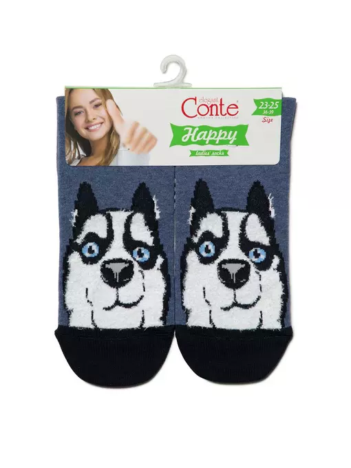 Хлопковые женские носки happy с пушистым рисунком "хаски" 425 темный джинс, 18С-268СП, 36-39 (23-25), CONTE ELEGANT,  - 3