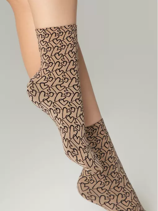 Плотные женские носки с вывязанным рисунком «сердечки» fantasy nero-natural, 23С-84СП, 36-39 (23-25), CONTE ELEGANT,  - 2